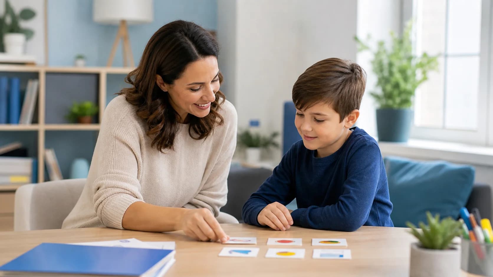 ABA therapist working with a child on a matching activity in a bright therapy room